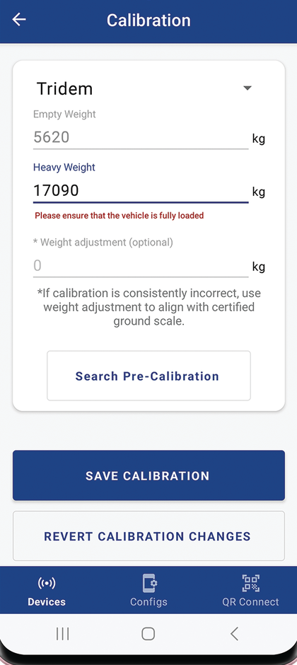 Air-Weigh app — calibration screen