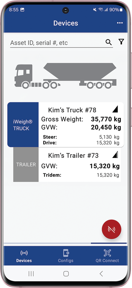 Air-Weigh app — device list with live weights